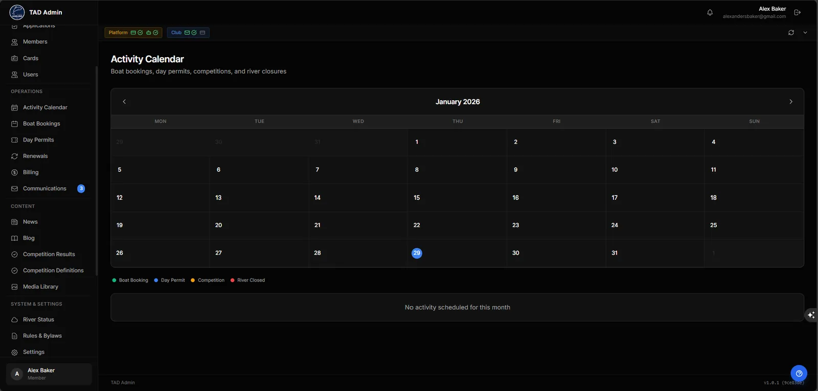 Activity calendar showing day permits, boat bookings and club events in one view