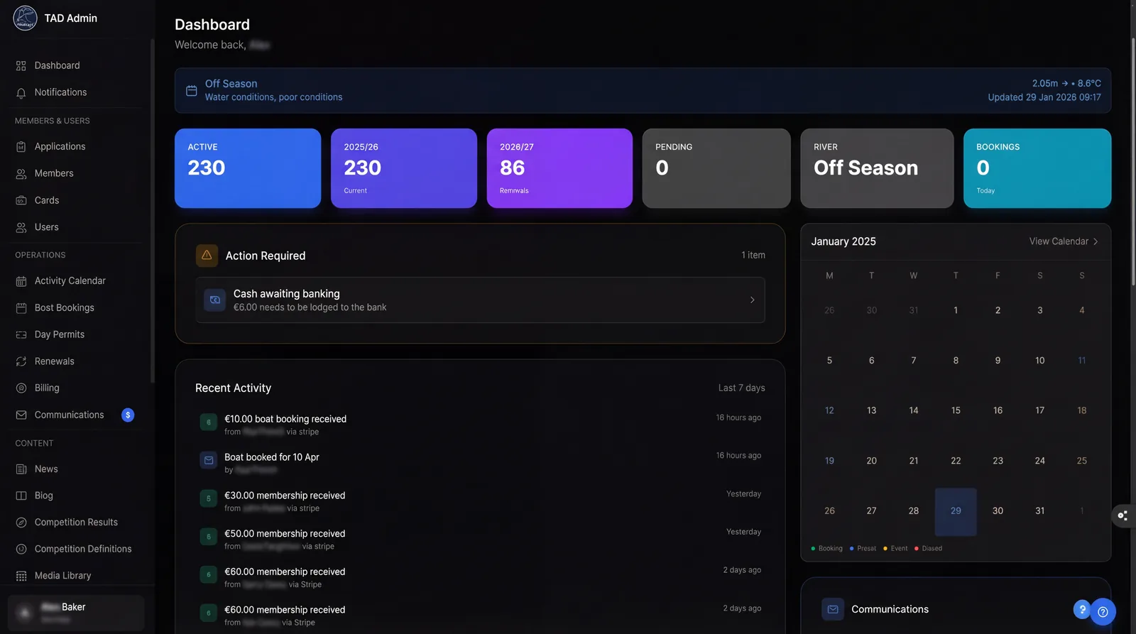 Tadpole admin dashboard showing member totals, renewals due and recent activity