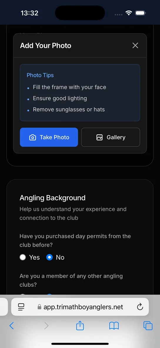 Membership photo capture step on a phone with face detection guide