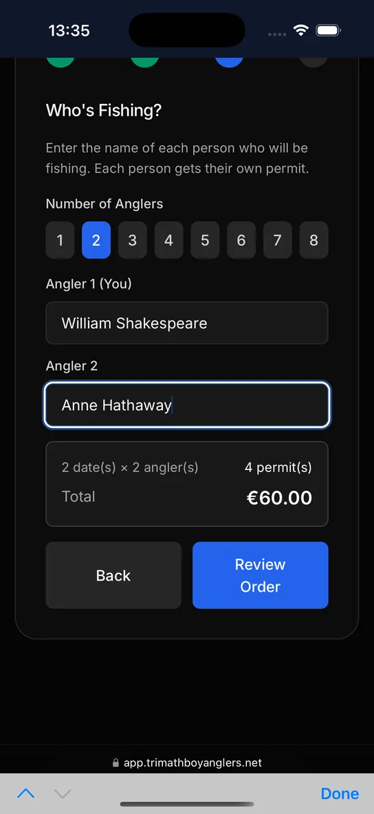 Day permit form on a phone listing the anglers on the booking