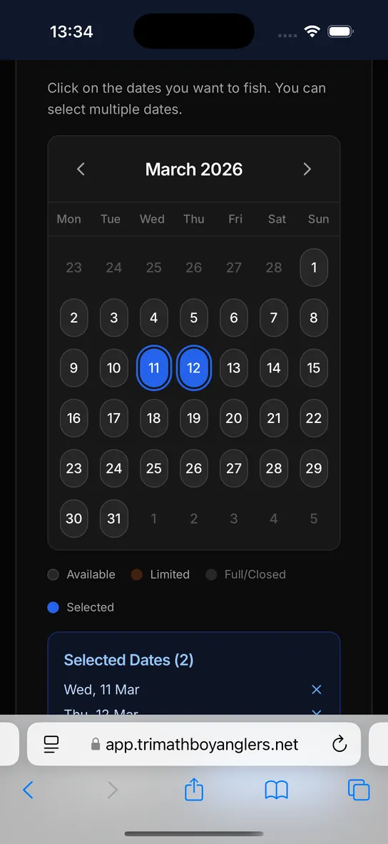 Day permit calendar on a phone showing available and closed dates