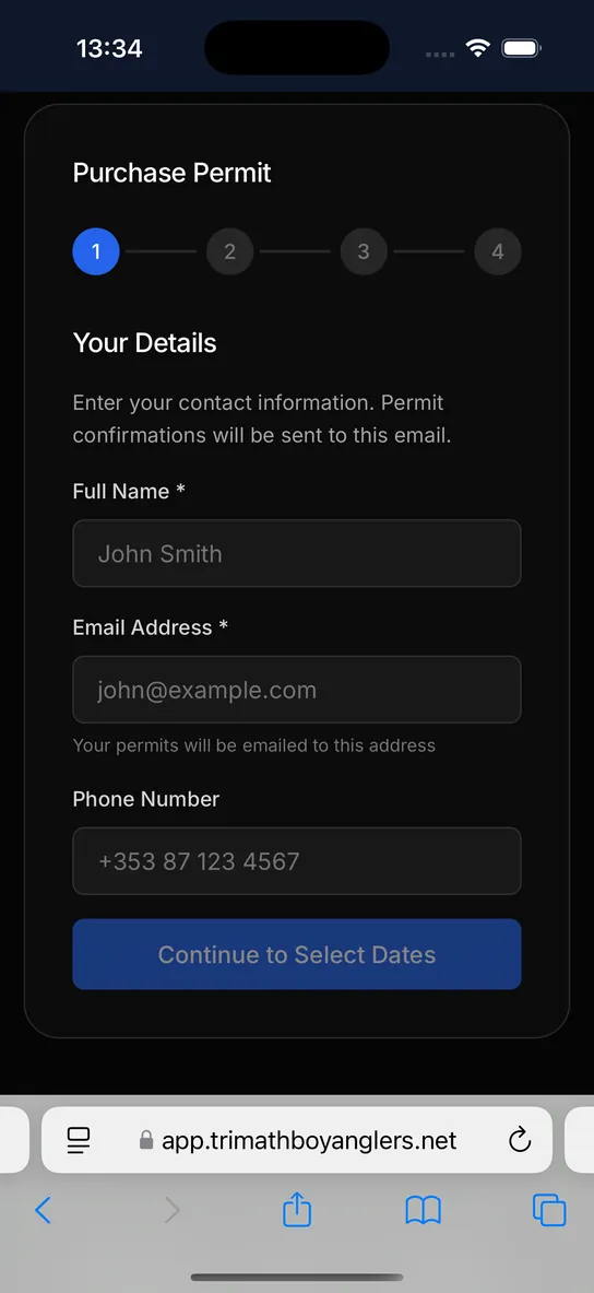 Day permit form on a phone asking for name and contact details