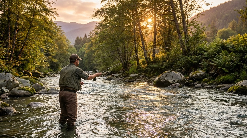 Fly fisherman wading in a rocky mountain river at sunset, casting line through forested valley